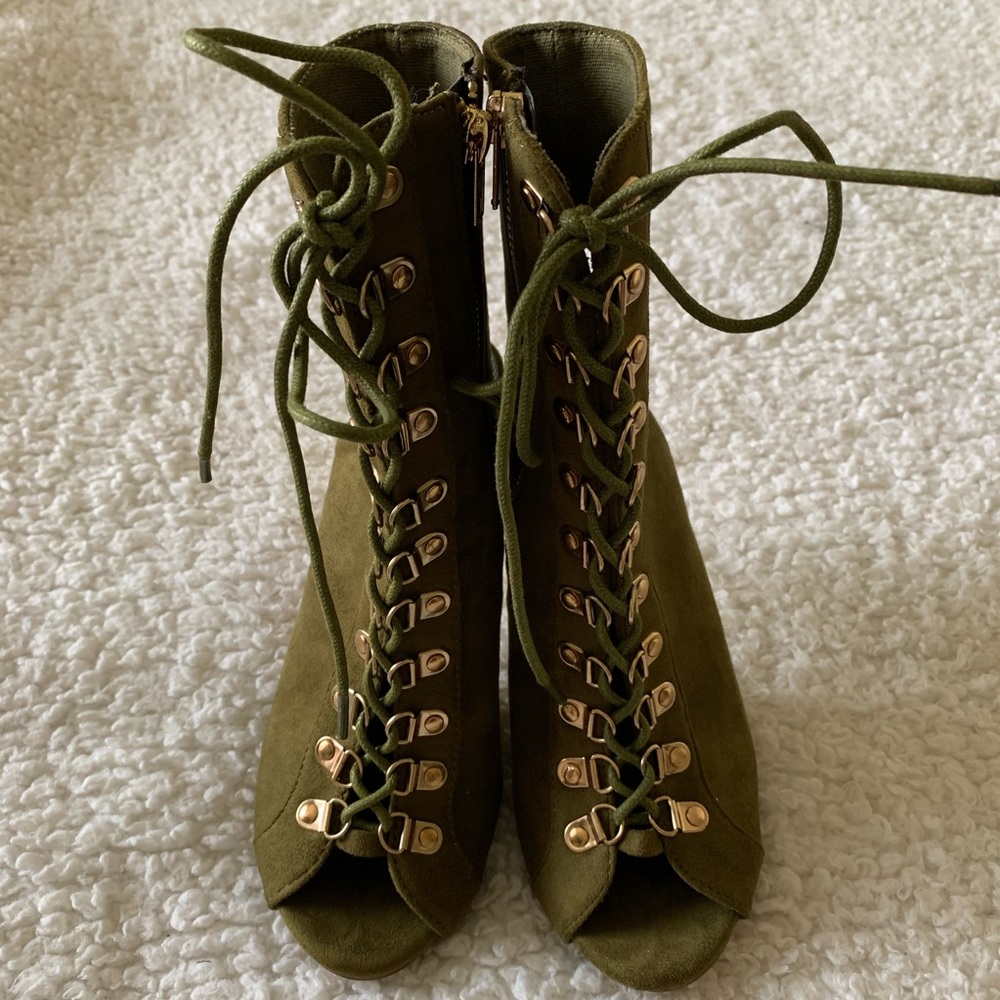 Addict Suede Olive & Gold Open-Toe Lace-Up Heels